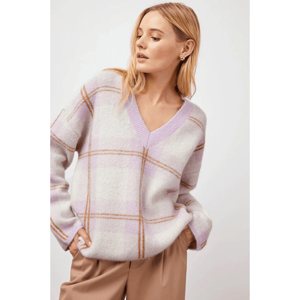 Rails Womens M Colleen Sweater Boxy V-Neck Plaid Wool Mohair Purple Cream Preppy